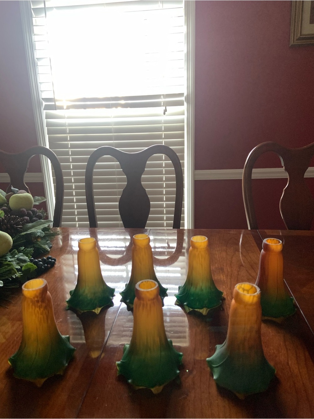 Tulip Shaped Amber and Green Gradient Glass Shades — Set of 7